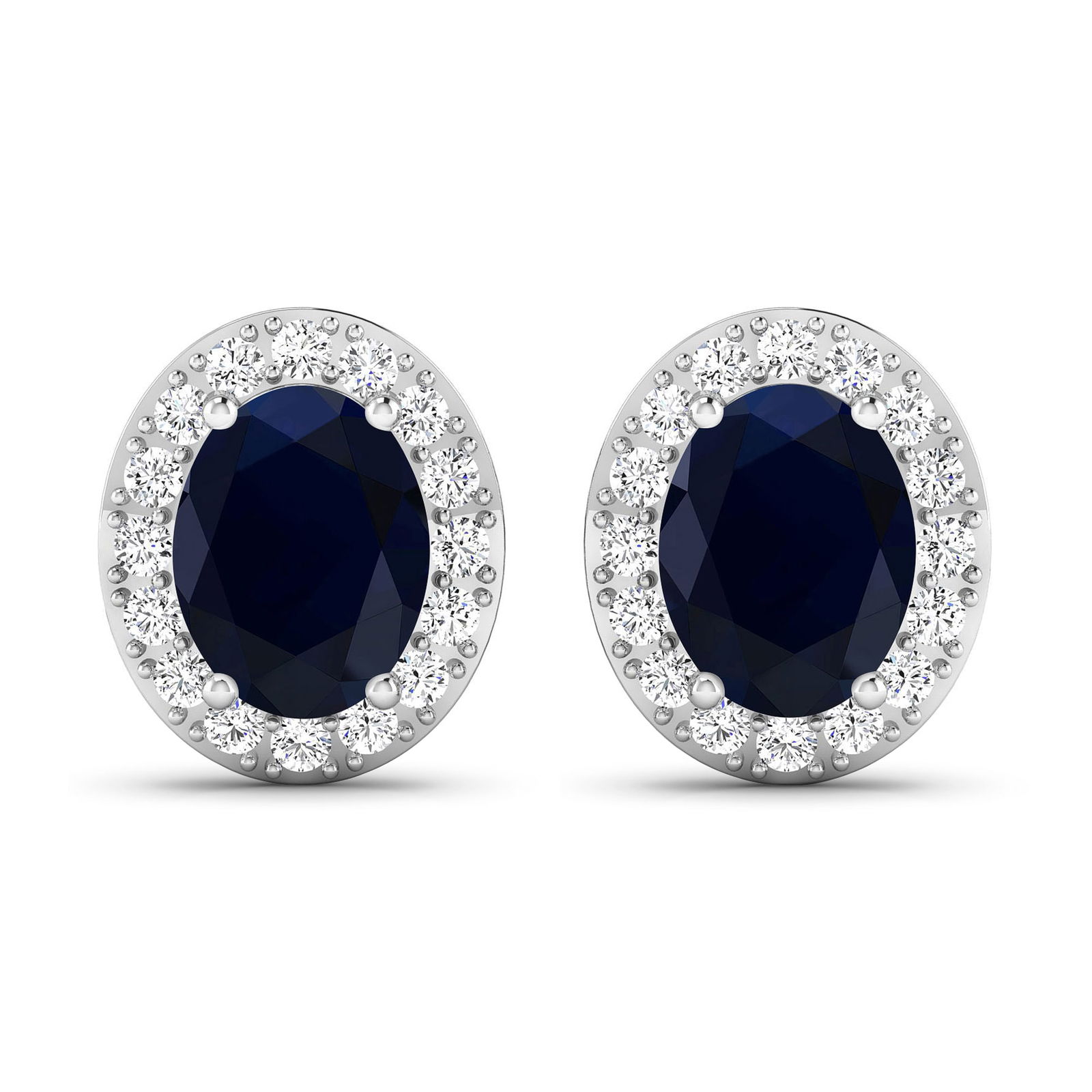 14KT White Gold 2.6ctw Blue Sapphire and Diamond Earrings: Blue Sapphire (AA) Oval 8x6mm - 2Pcs + White Diamond F/C Round 1.50mm - 32Pcs ( Diamond Quality : SI-2/HI ) ( Push Post ) Total weight of gemstones is 2.6cts. Total Diamond weight is 0.44cts. Total we
