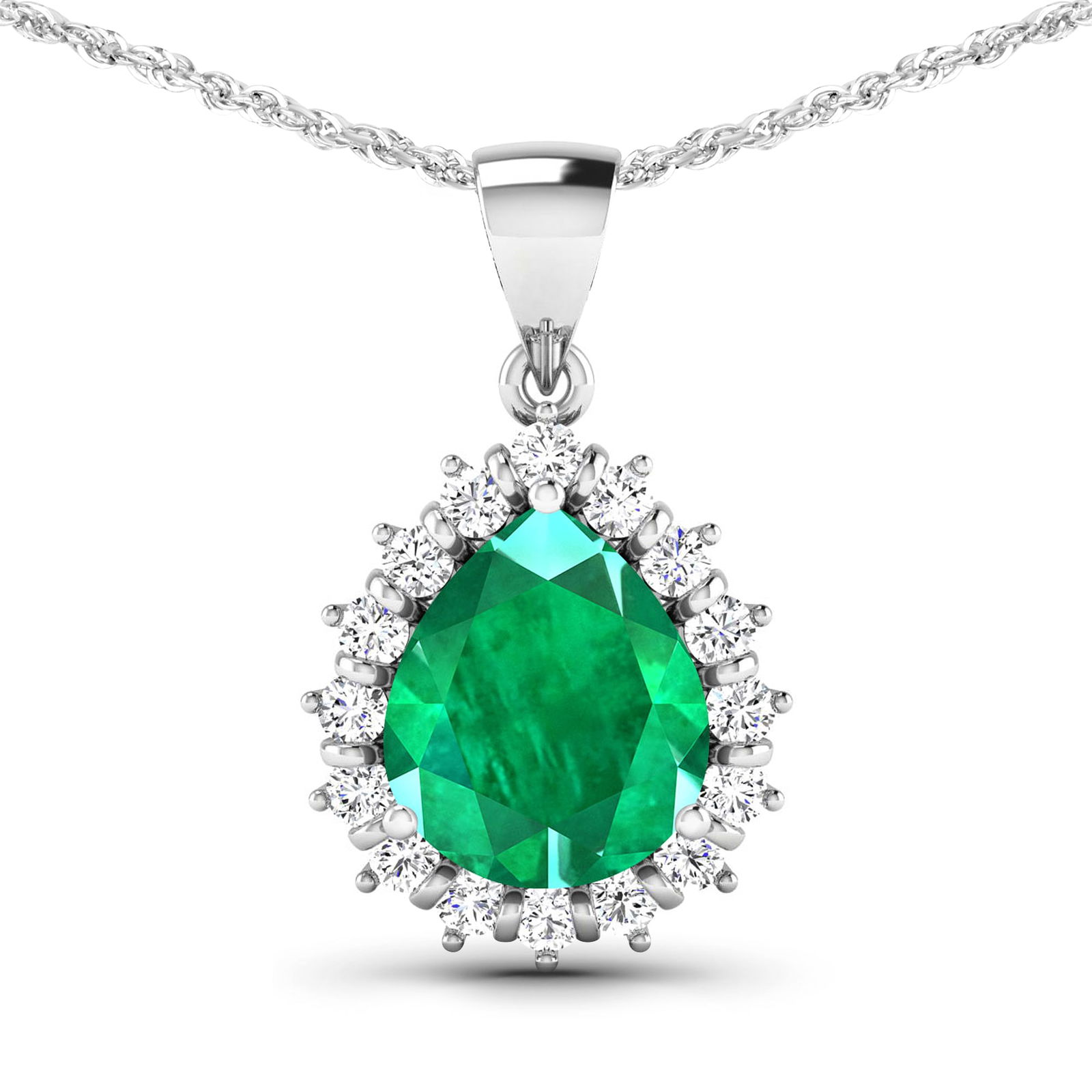 14KT White Gold 2.85ctw Zambian Emerald and Diamond Pendant: Zambian Emerald (AA) Pears 11x9mm - 1Pc + White Diamond F/C Round 2.00mm - 16Pcs ( Diamond Quality : SI-2/HI ) Total weight of gemstone is 2.85cts. Total Diamond weight is 0.48cts. Total weight of