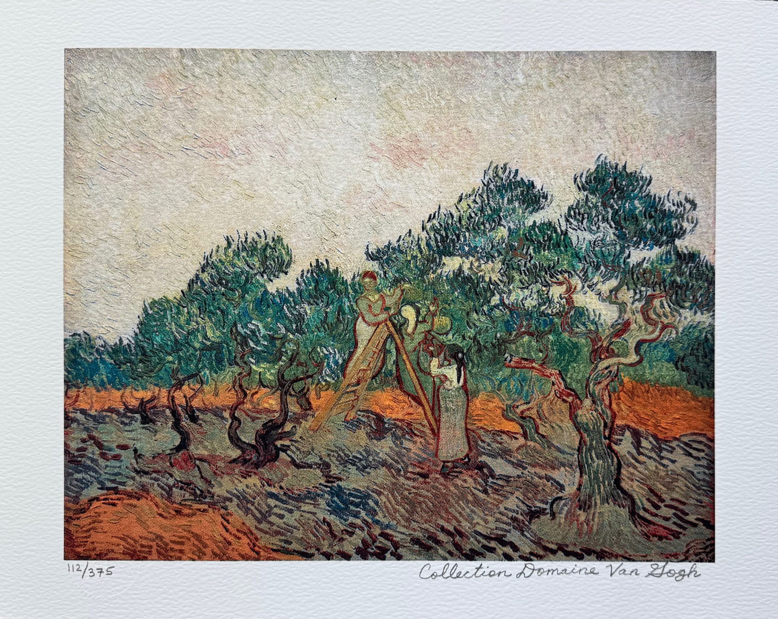 Vincent Van Gogh WOMAN PICKING OLIVES Estate Signed Limited Edition Giclee: This is a VINCENT VAN GOGH (ESTATE COLLECTION DOMAINE) reproduction giclee titled Woman Picking Olives. This piece is pencil signed on the lower right as Collection Domaine Van Gogh and has an embosse