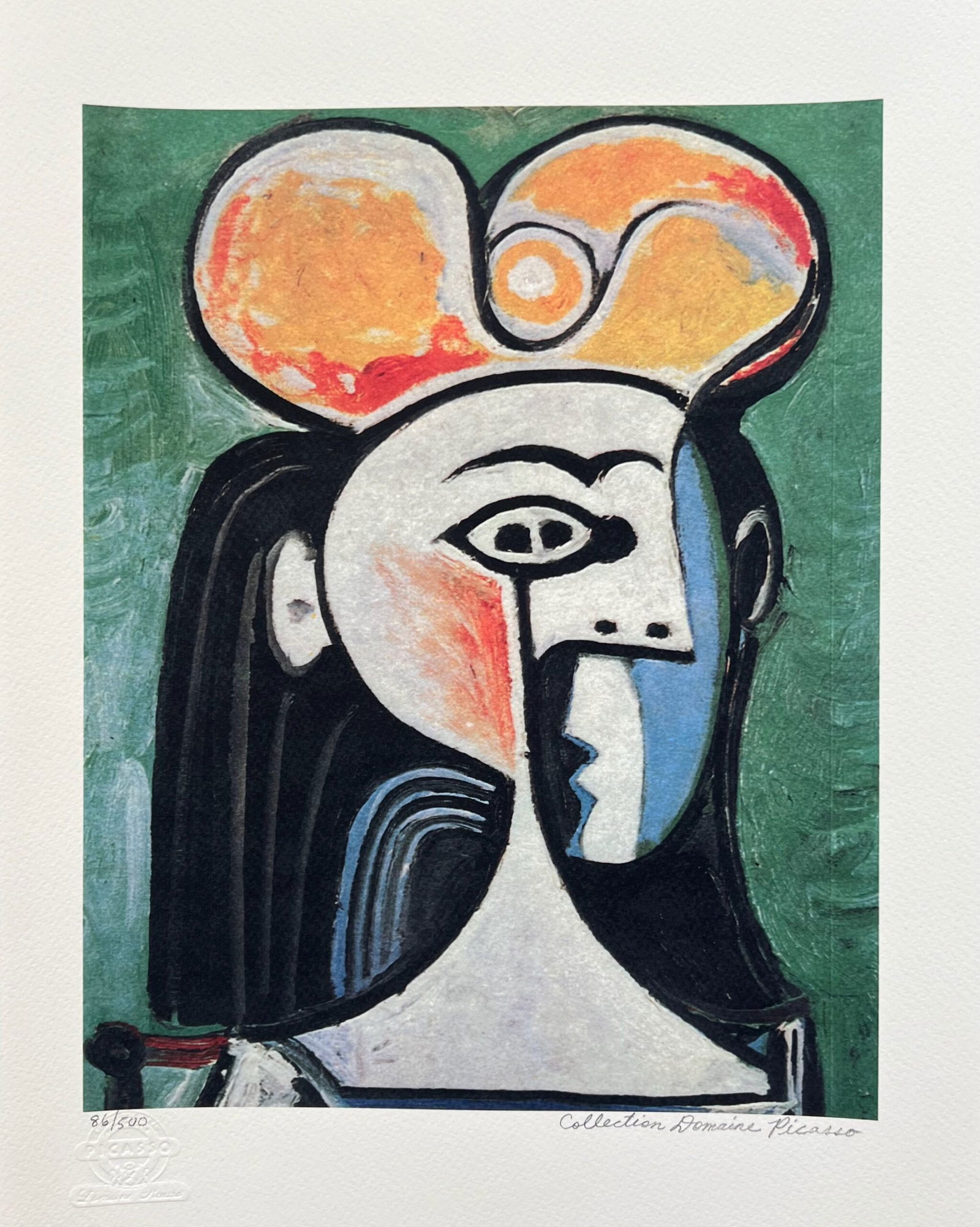 Pablo Picasso GIRL WITH BLACK HAIR Estate Signed Limited Edition Giclee: This is a PABLO PICASSO (ESTATE COLLECTION DOMAINE) (1881-1973) small giclee titled GIRL WITH BLACK HAIR. This piece is pencil signed on the lower right as Collection Domaine Picasso and has an emboss