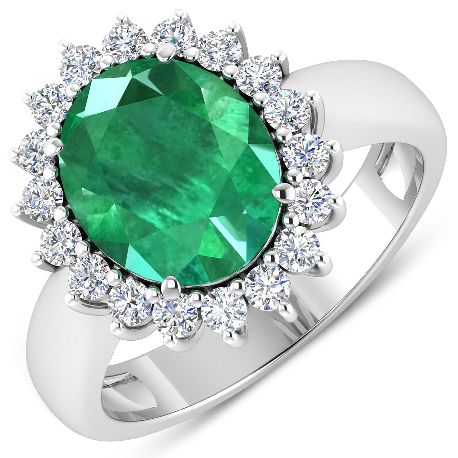 14KT White Gold 3.14ctw Zambian Emerald and Diamond Ring: Zambian Emerald (AA) Oval 11x9mm - 1Pc + White Diamond F/C Round 2.00mm - 18Pcs ( Diamond Quality : SI-2/HI ) Total weight of gemstone is 3.14cts. Total Diamond weight is 0.54cts. Total weight of this