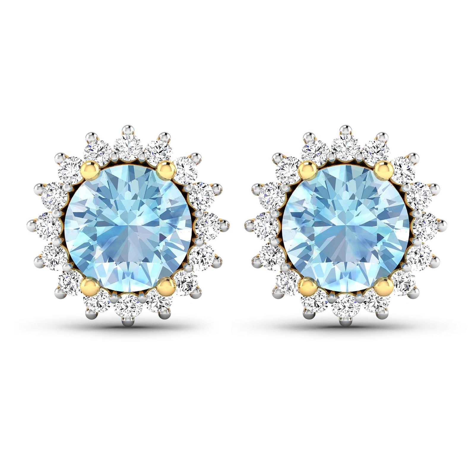 14KT Yellow Gold 1.3ctw Aquamarine and Diamond Earrings: Aquamarine (AA+) Round 6.00mm - 2Pcs + White Diamond F/C Round 1.30mm - 32Pcs ( Push-Post ) ( White Pan Rhodium ) ( I1-I2/I color ) Total weight of gemstones is 1.3cts. Total Diamond weight is 0.32cts