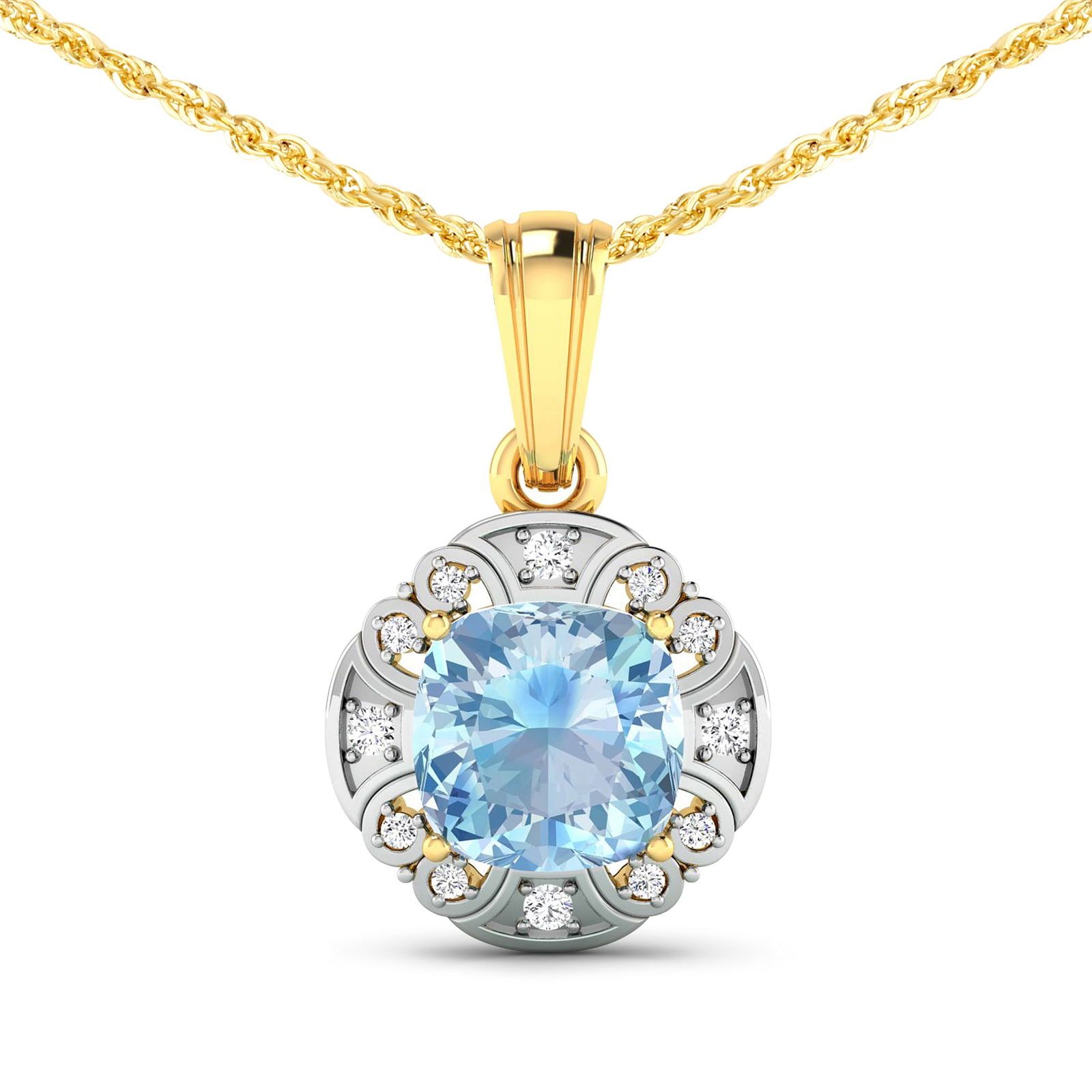 14KT Yellow Gold 1.48ctw Aquamarine and Diamond Pendant: Aquamarine (AA+) Cushion 8.00mm - 1Pc + White Diamond F/C Round 1.50mm - 4Pcs + White Diamond F/C Round 1.00mm - 8Pcs ( White Pan Rhodium ) ( SI-2/HI ) Total weight of gemstone is 1.48cts. Total Diamo