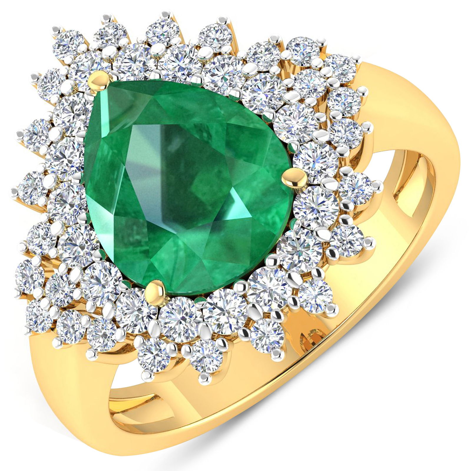 14KT Yellow Gold 2.85ctw Zambian Emerald and Diamond Ring: Zambian Emerald (AA) Pears 11x9mm - 1Pc + White Diamond F/C Round 2.00mm - 18Pcs + White Diamond F/C Round 1.50mm - 25Pcs ( White Pan Rhodium ) ( Diamond Quality : SI-2/HI ) Total weight of gemstone i