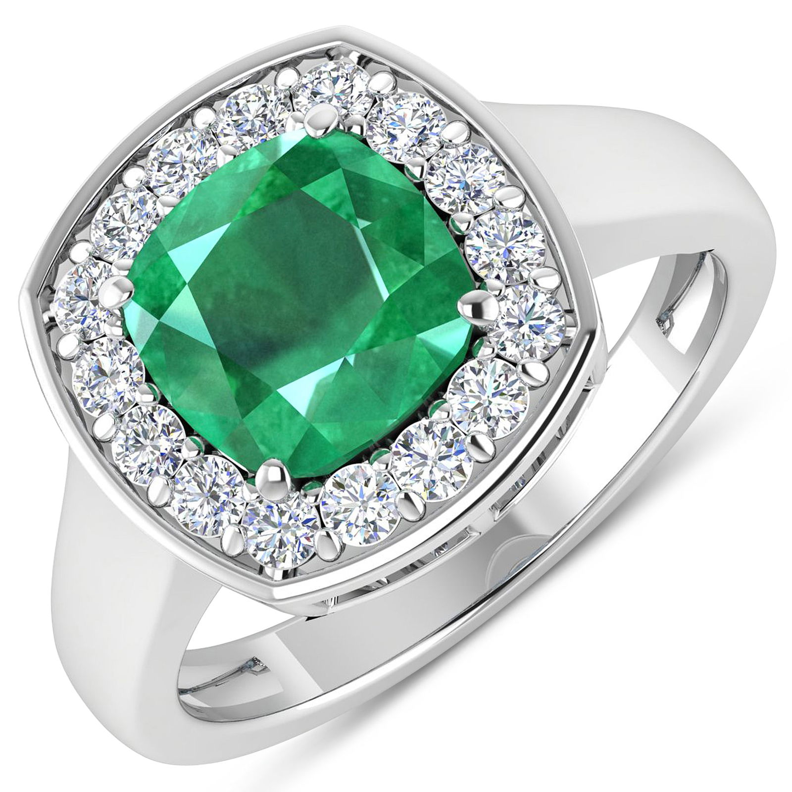 14KT White Gold 2.07ct Zambian Emerald and Diamond Ring: Zambian Emerald (AA) Cushion 8.00mm - 1Pc + White Diamond F/C Round 2.00mm - 16Pcs ( Diamond Quality : SI-2/HI ). Total weight of gemstone is 2.07cts. Total weight of Diamonds is 0.48cts. Total weight