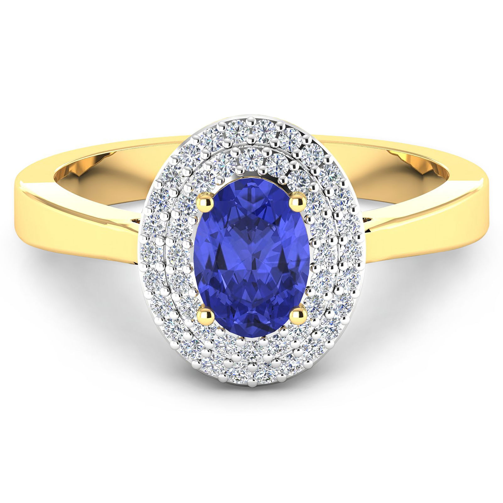 14KT Yellow Gold 0.75ct Tanzanite and Diamond Ring: Tanzanite (AA+) Oval 7x5mm - 1Pc + White Diamond F/C Round 0.90mm - 46Pcs ( White Pan Rhodium ) (I1-I2/I color). Total weight of gemstone is 0.75cts. Total weight of Diamonds is 0.16cts. Total weight