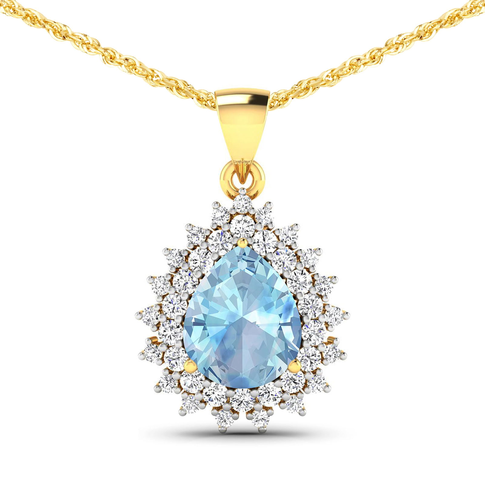 14KT Yellow Gold 2.3ctw Aquamarine and Diamond Pendant: Aquamarine Pears 11x9mm - 1Pc + White Diamond F/C Round 2.00mm - 18Pcs + White Diamond F/C Round 1.50mm - 19Pcs ( Diamond Quality : SI-2/HI ) Total weight of gemstone is 2.3cts. Total Diamond weight i