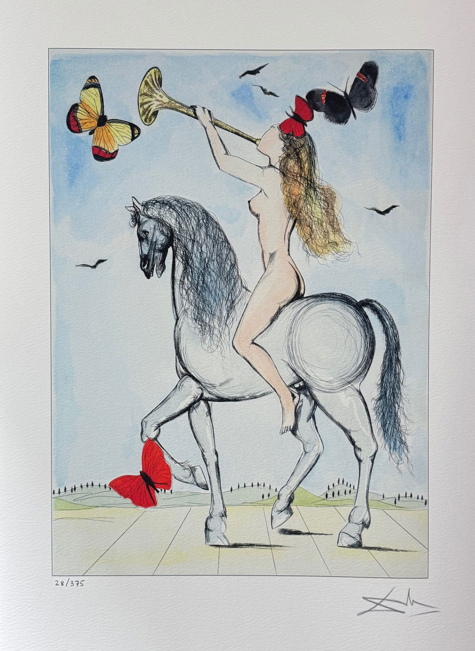 Salvador Dali LADY GODIVA Facsimile Signed & Numbered Giclee: This is a limited edition giclee titled Lady Godiva with Butterflies by Salvador Dali. This piece is facsimile signed on the lower right. Pencil numbered from an edition of 375. Paper measures 24 inch