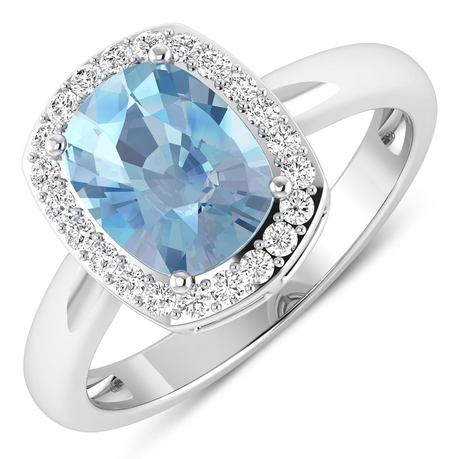 14KT White Gold 1.65ctw Aquamarine and Diamond Ring: Aquamarine (AA+) Cushion 9x7mm - 1Pc + White Diamond F/C Round 1.30mm - 22Pcs ( SI2/HI color ) Total weight of gemstone is 1.65cts. Total Diamond weight is 0.22cts. Total weight of this ring is 2.95 g