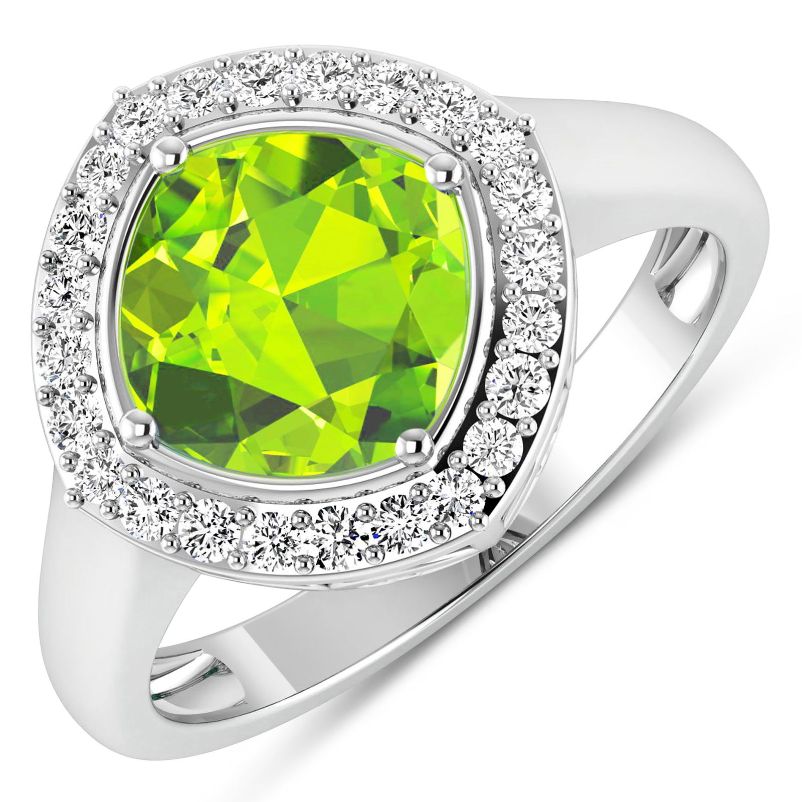 14KT White Gold 2.02ctw Peridot and Diamond Ring: Peridot Cushion 8.00mm - 1Pc + White Diamond F/C Round 1.30mm - 24Pcs ( SI-2/HI ) Total weight of gemstone is 2.02cts. Total Diamond weight is 0.24cts. Total weight of this ring is 3.3 grams. Ring siz