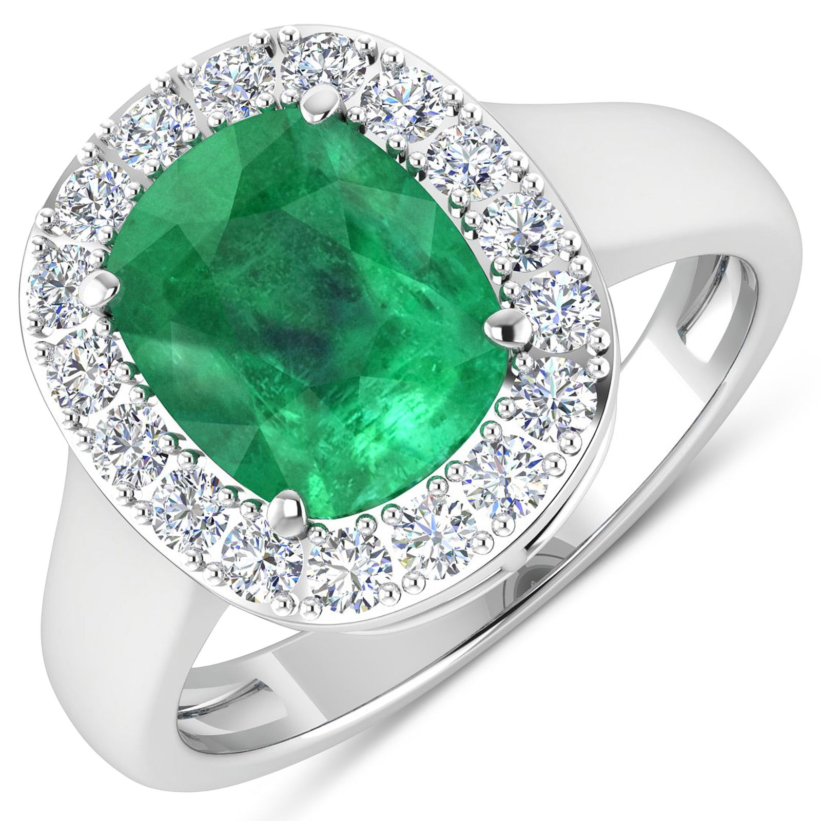 14KT White Gold 2.5ct Zambian Emerald and Diamond Ring: Zambian Emerald (AA) Cushion 10x8mm - 1Pc + White Diamond F/C Round 2.00mm - 17Pcs ( Diamond Quality : SI-2/HI ). Total weight of gemstone is 2.5cts. Total weight of Diamonds is 0.51cts. Total weight