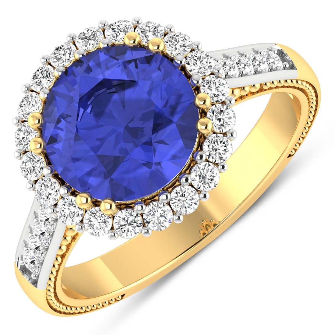 14KT Yellow Gold 2.57ctw Tanzanite and Diamond Ring: Tanzanite (AA+) Round 9.00mm - 1Pc + White Diamond F/C Round 1.90mm - 4Pcs + White Diamond F/C Round 1.60mm - 16Pcs + White Diamond F/C Round 1.40mm - 10Pcs ( White Pan Rhodium ) ( SI-2/HI ) Total wei