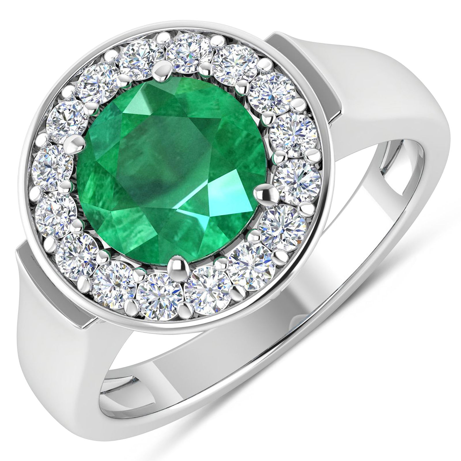 14KT White Gold 1.8ct Zambian Emerald and Diamond Ring: Zambian Emerald (AA) Round 8.00mm - 1Pc + White Diamond F/C Round 2.00mm - 16Pcs ( Diamond Quality : SI-2/HI ). Total weight of gemstone is 1.8cts. Total weight of Diamonds is 0.48cts. Total weight of