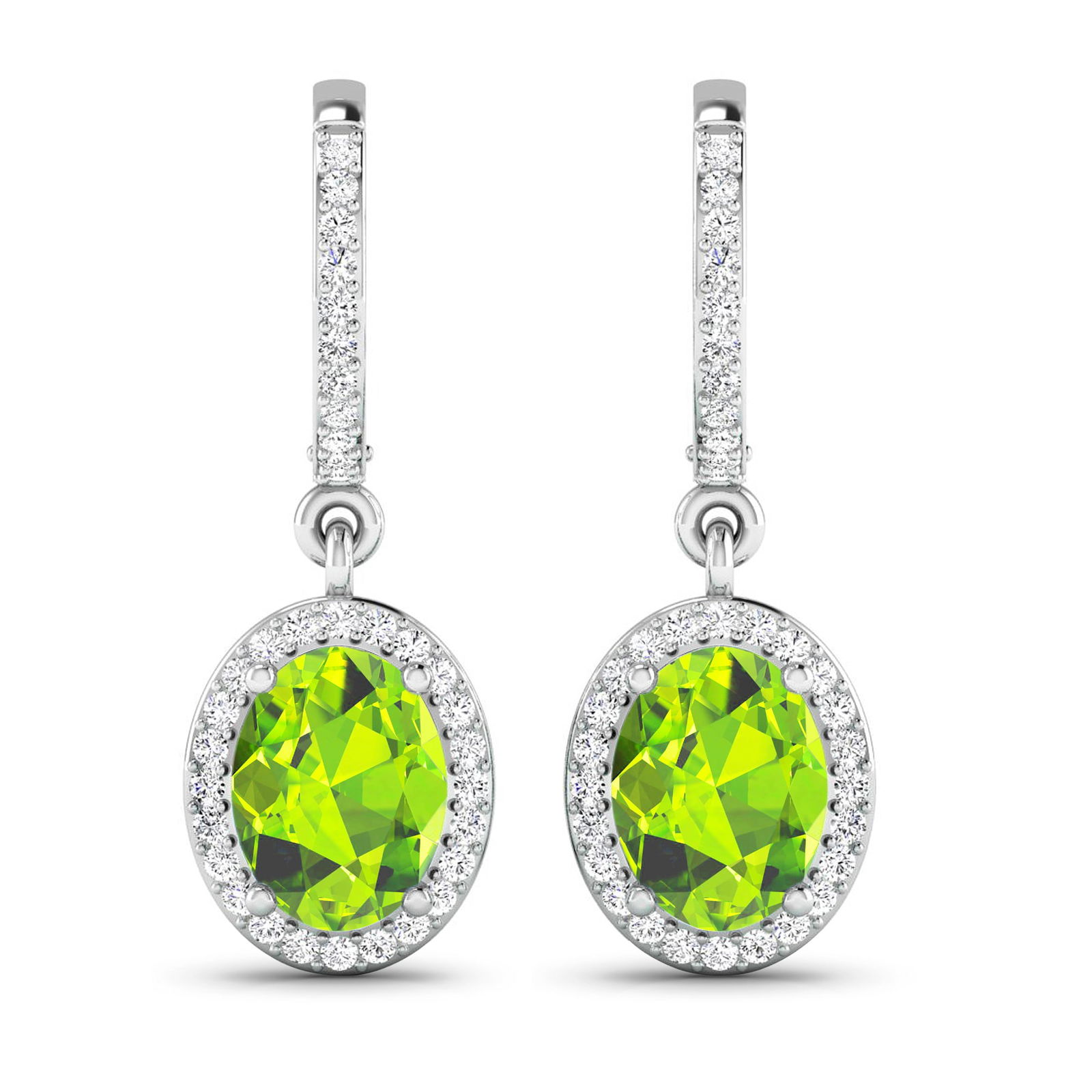 14KT White Gold 2.1ctw Peridot Topaz and Diamond Earrings: Peridot Oval 8x6mm - 2Pcs + White Diamond F/C Round 1.00mm - 70Pcs ( Clip On ) ( I1-I2/I color ) Total weight of gemstones is 2.1cts. Total Diamond weight is 0.32cts. Total weight of these earrings ar