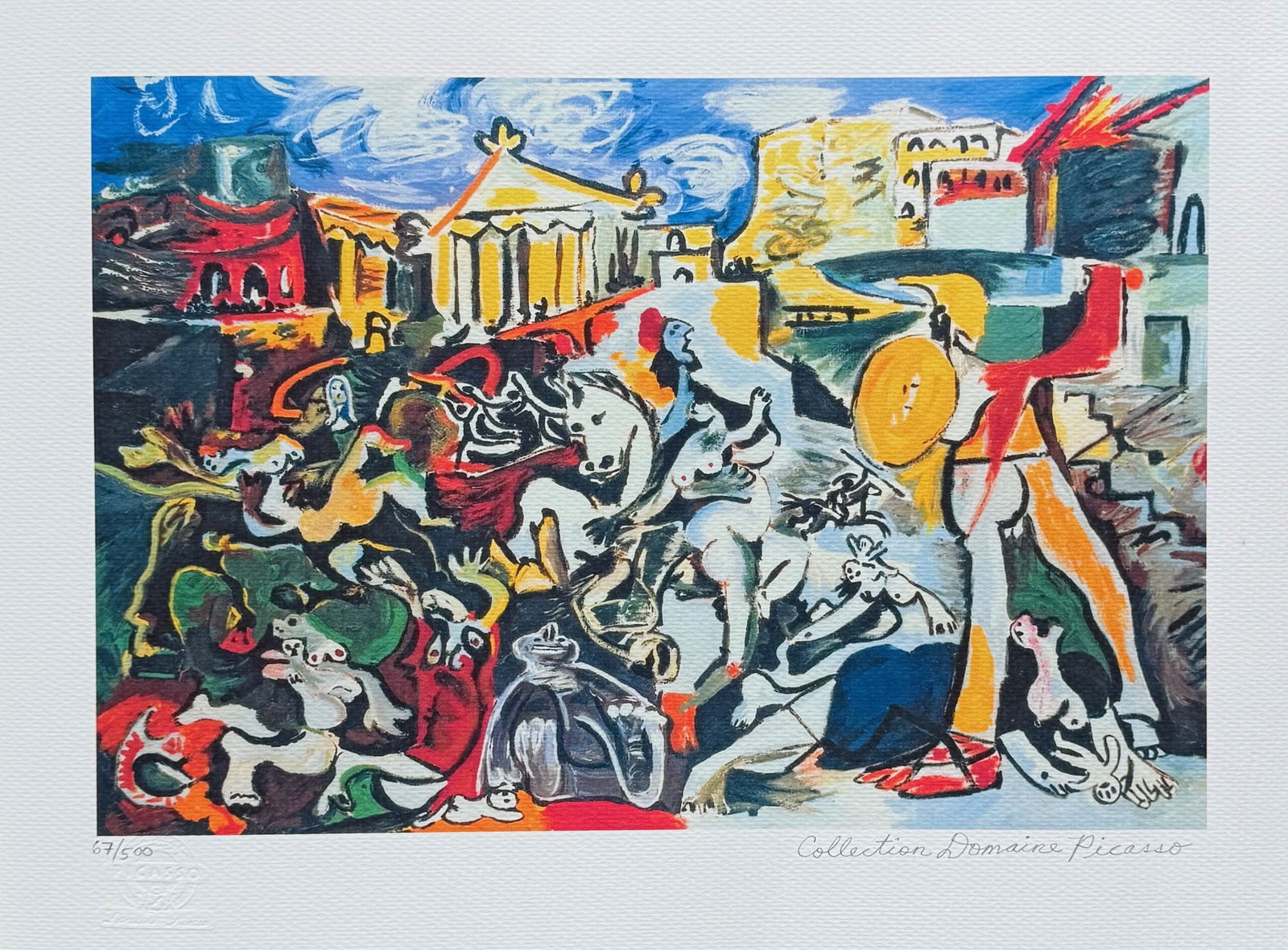 Pablo Picasso RAPE OF THE SABINE WOMEN Estate Signed Limited Edition Giclee: This is a PABLO PICASSO (ESTATE COLLECTION DOMAINE) (1881-1973) small giclee titled RAPE OF THE SABINE WOMEN. This piece is pencil signed on the lower right as Collection Domaine Picasso and has an em