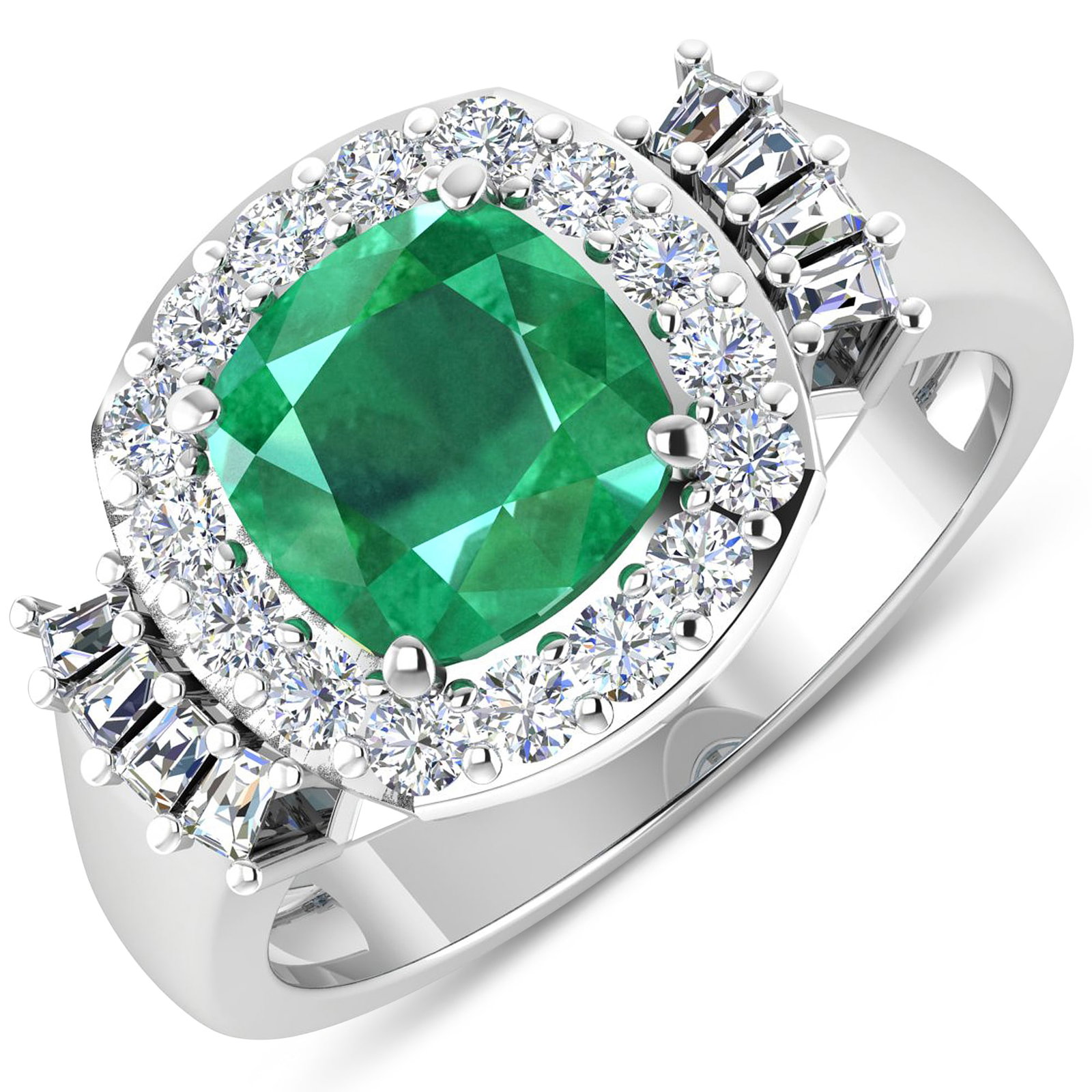 14KT White Gold 2.07ct Zambian Emerald and Diamond Ring: Zambian Emerald (AA) Cushion 8.00mm - 1Pc + White Diamond Tapper Baguette 2.00x1.50x1.10mm - 8Pcs + White Diamond F/C Round 2.00mm - 16Pcs ( Diamond Quality : SI-2/HI ). Total weight of gemstone is 2.