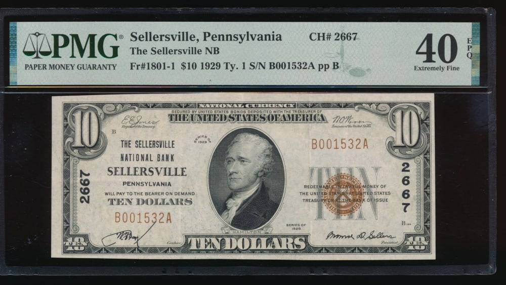 1929 $10 Sellersville PA National PMG 40EPQ: One 1929 $10 Sellersville PA National PMG 40EPQ>