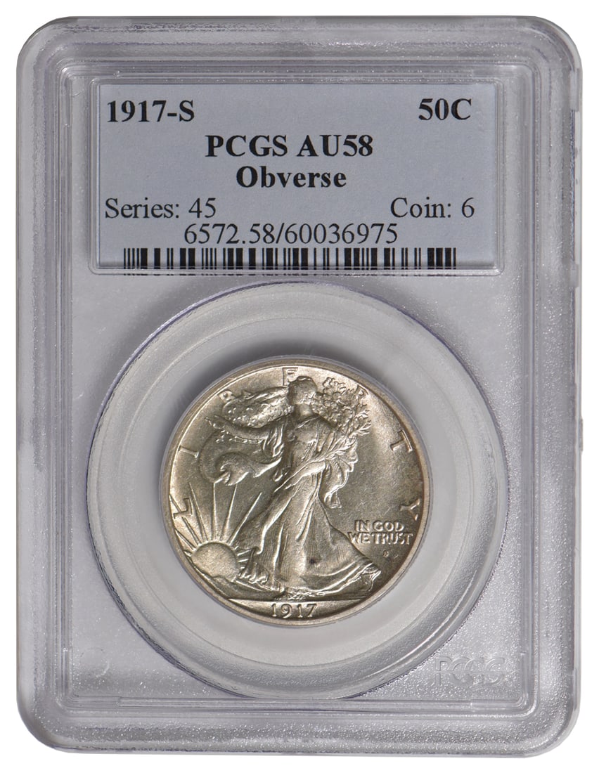 1917-S Walking Liberty Half Dollar PCGS AU58: One 1917-S Walking Liberty Half Dollar PCGS AU58.
