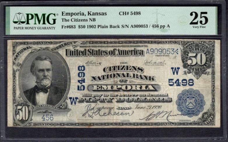 1902 $50 Emporia KS National PMG 25: One 1902 $50 Emporia KS National PMG 25.