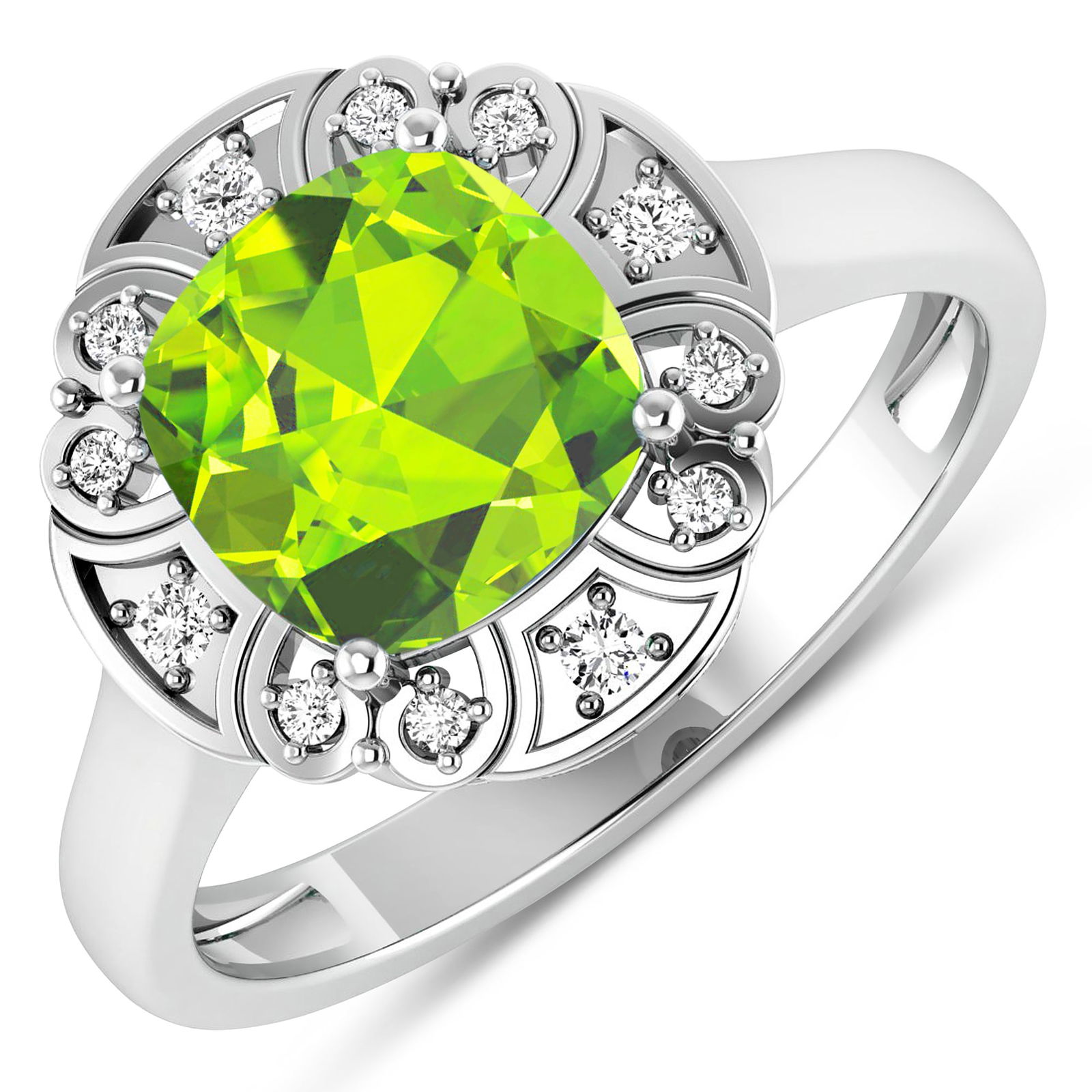 14KT White Gold 2.02ctw Peridot and Diamond Ring: Peridot Cushion 8.00mm - 1Pc + White Diamond F/C Round 1.50mm - 4Pcs + White Diamond F/C Round 1.00mm - 8Pcs ( SI-2/HI ) Total weight of gemstone is 2.02cts. Total Diamond weight is 0.09cts. Total wei