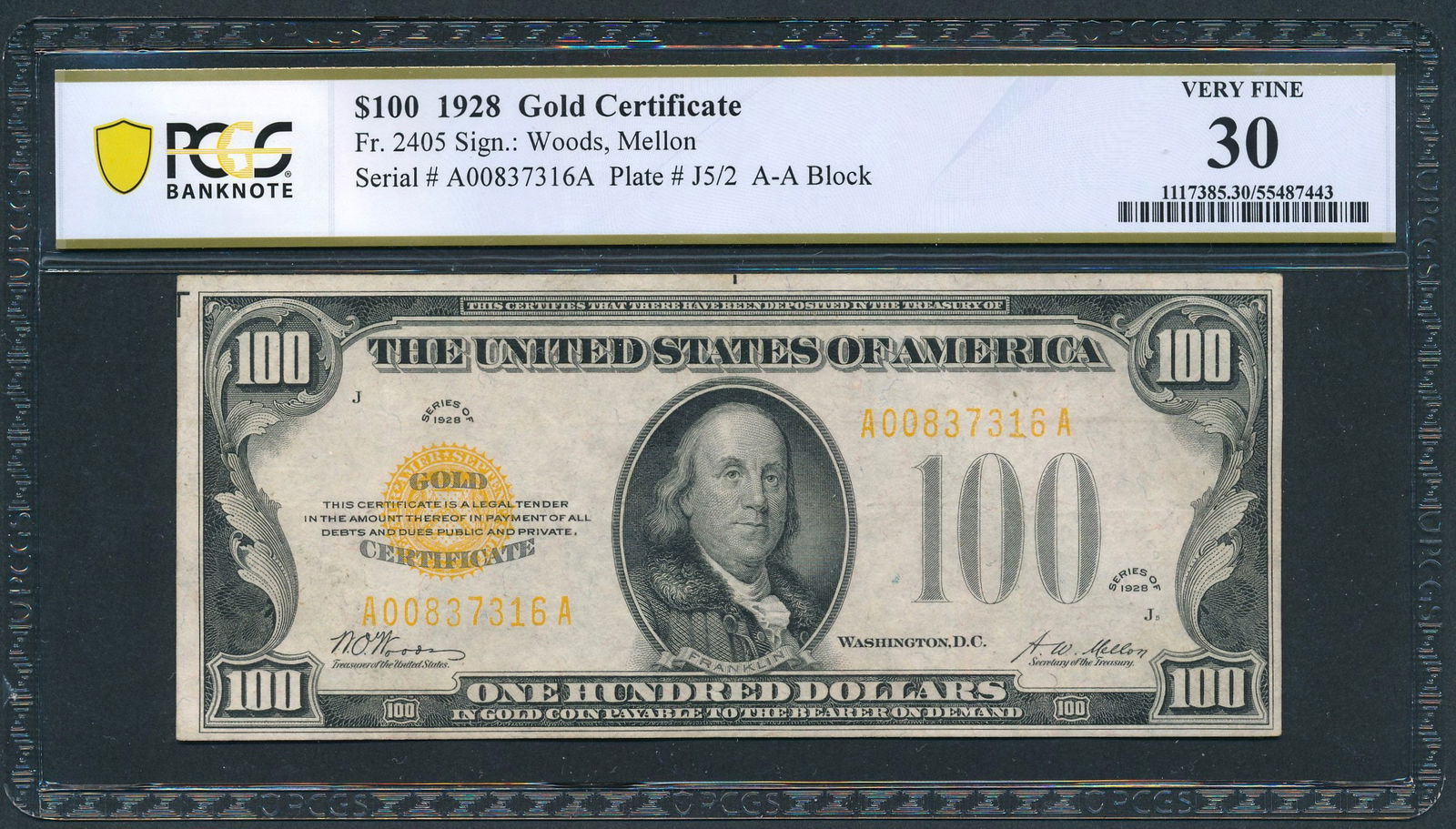 1928 $100 Gold Certificate PCGS 30 (1 of 2)
