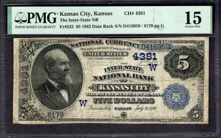 1882 $5 Kansas City KS National PMG 15: One 1882 $5 Kansas City KS National PMG 15.