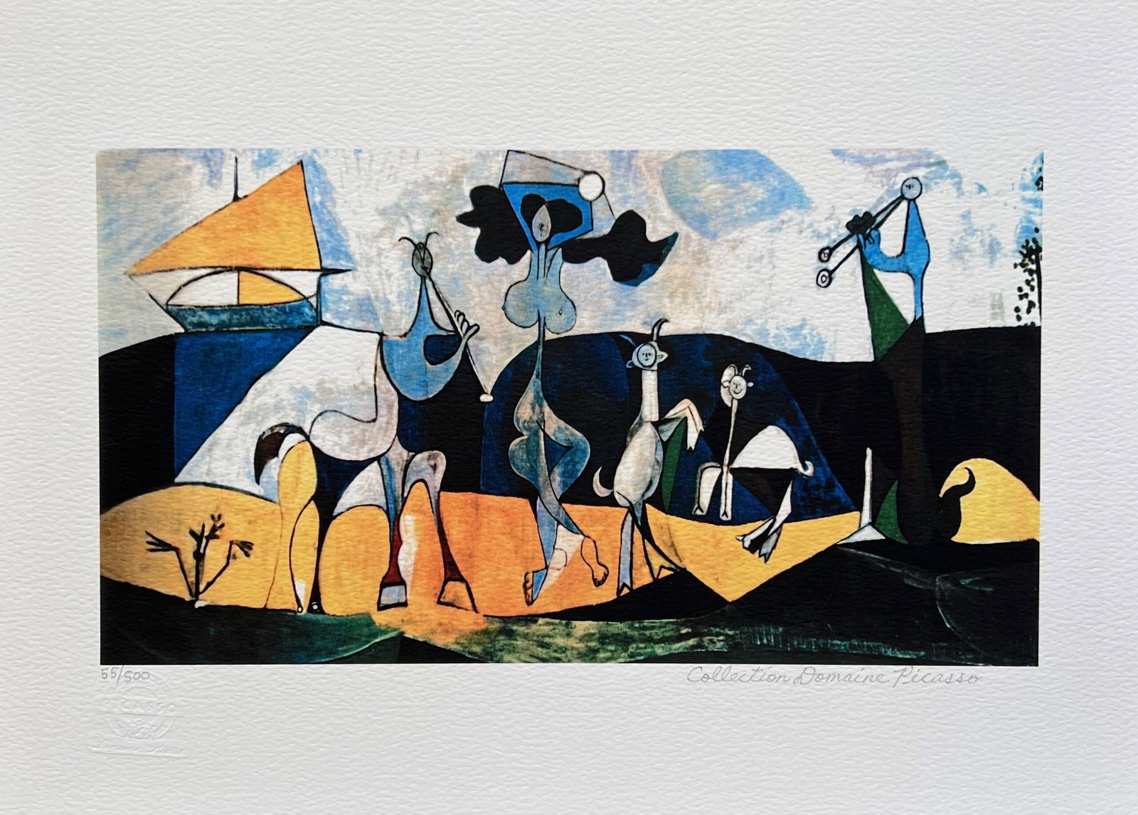 Pablo Picasso JOY OF LIVING Estate Signed Limited Edition Giclee: This is a PABLO PICASSO (ESTATE COLLECTION DOMAINE) (1881-1973) giclee titled THE JOY OF LIVING. This piece is pencil signed on the lower right as Collection Domaine Picasso and has an embossed seal s