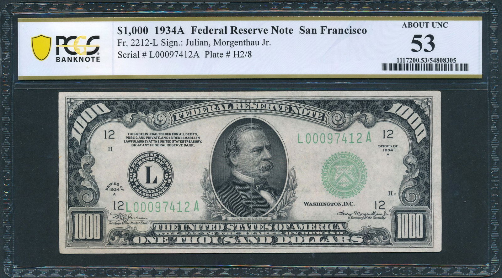 1934A $1000 San Francisco FRN PCGS 53: One 1934A $1000 San Francisco FRN PCGS 53.