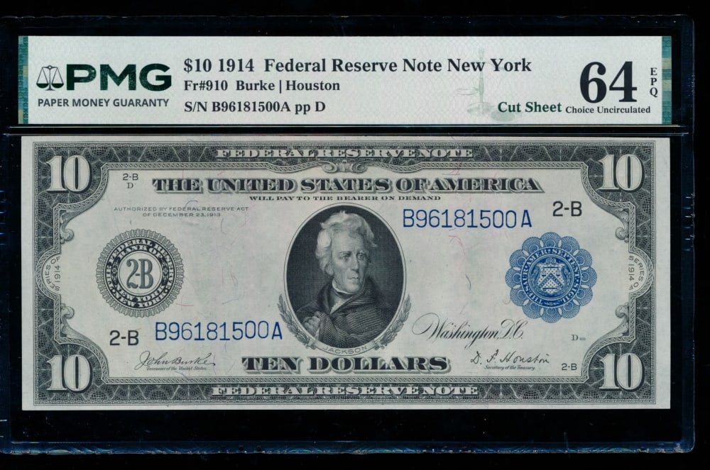 1914 $10 New York FRN PMG 64EPQ: One 1914 $10 New York FRN PMG 64EPQ.