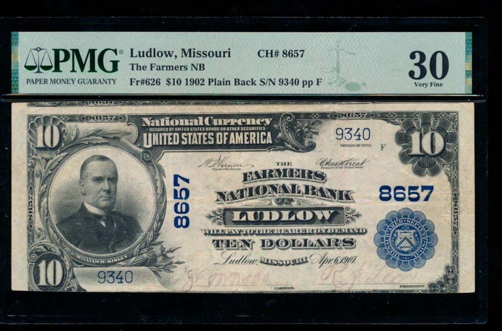 1902 $10 Ludlow MO National PMG 30: One 1902 $10 Ludlow MO National PMG 30.
