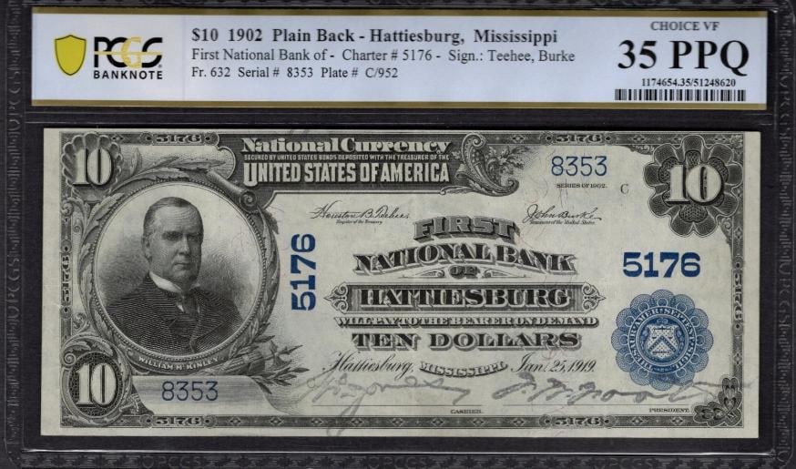 1902 $10 Hattiesburg MS National PCGS 35PPQ: One 1902 $10 Hattiesburg MS National PCGS 35PPQ.