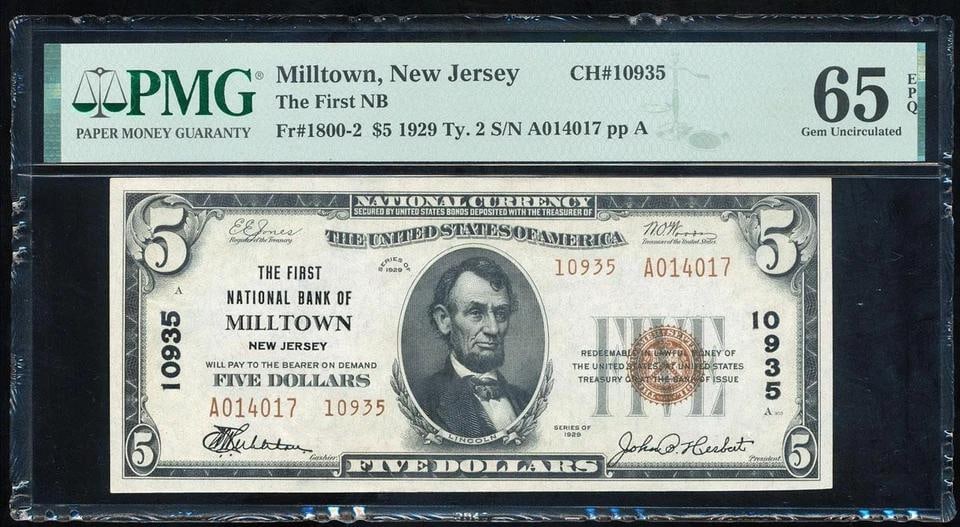 1929 $5 Milltown NJ National PMG 65EPQ: One 1929 $5 Milltown NJ National PMG 65EPQ.