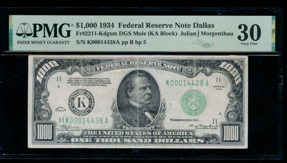 1934 $1000 Dallas FRN PMG 30: One 1934 $1000 Dallas FRN PMG 30.