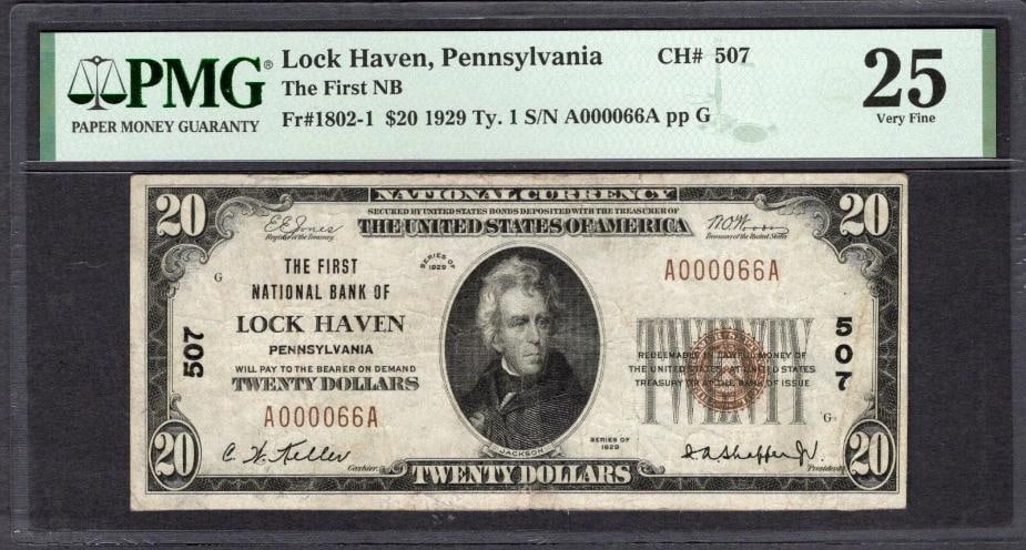 1929 $20 Lock Haven PA National PMG 25: One 1929 $20 Lock Haven PA National PMG 25.
