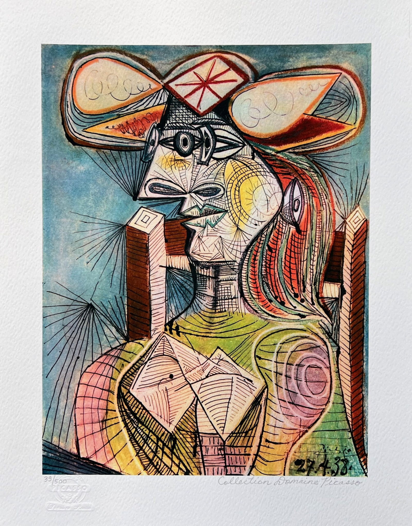 Pablo Picasso SEATED WOMAN ON WOOD CHAIR Estate Signed Limited Edition Giclee: This is a PABLO PICASSO (ESTATE COLLECTION DOMAINE) (1881-1973) small giclee titled SEATED WOMAN ON WOOD CHAIR. This piece is pencil signed on the lower right as Collection Domaine Picasso and has an