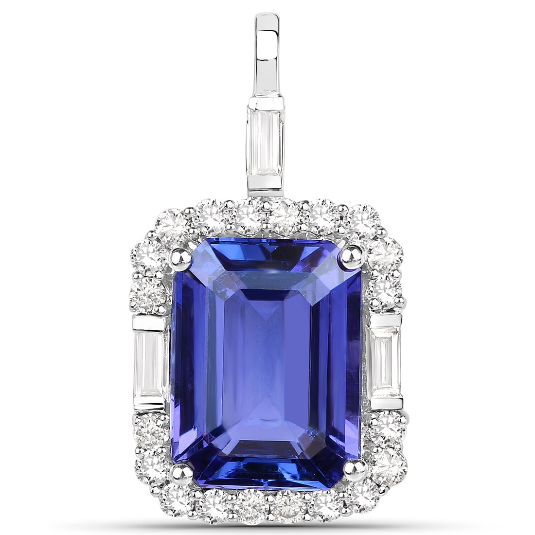 18KT White Gold 8.11ct Tanzanite and Diamond Pendant: This elegant halo pendant is crafted in fine 18K white gold and showcases a striking octagon?cut natural tanzanite weighing 8.11 carats, measuring 13.50 × 10.30 mm, and displaying a vivid violet hue