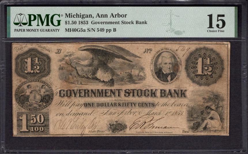 1853 $1.50 Ann Arbor MI National PMG 15: One 1853 $1.50 Ann Arbor MI National PMG 15.