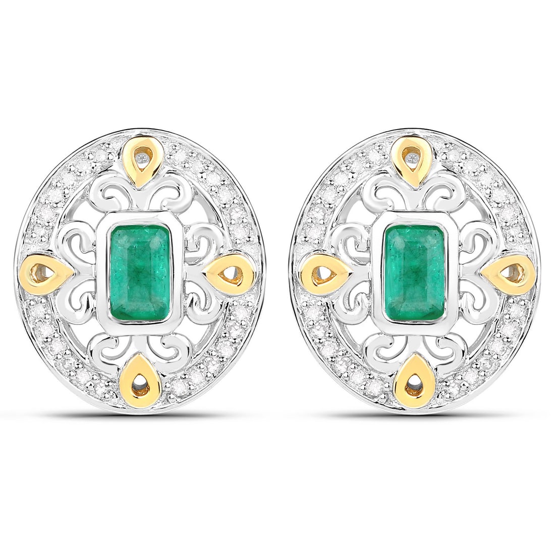 Rhodium Plated 0.69ctw Emerald and Diamond Earrings (1 of 1)