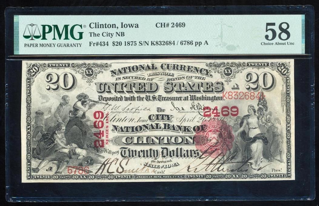 1875 $20 Clinton IA National PMG 58: One 1875 $20 Clinton IA National PMG 58.