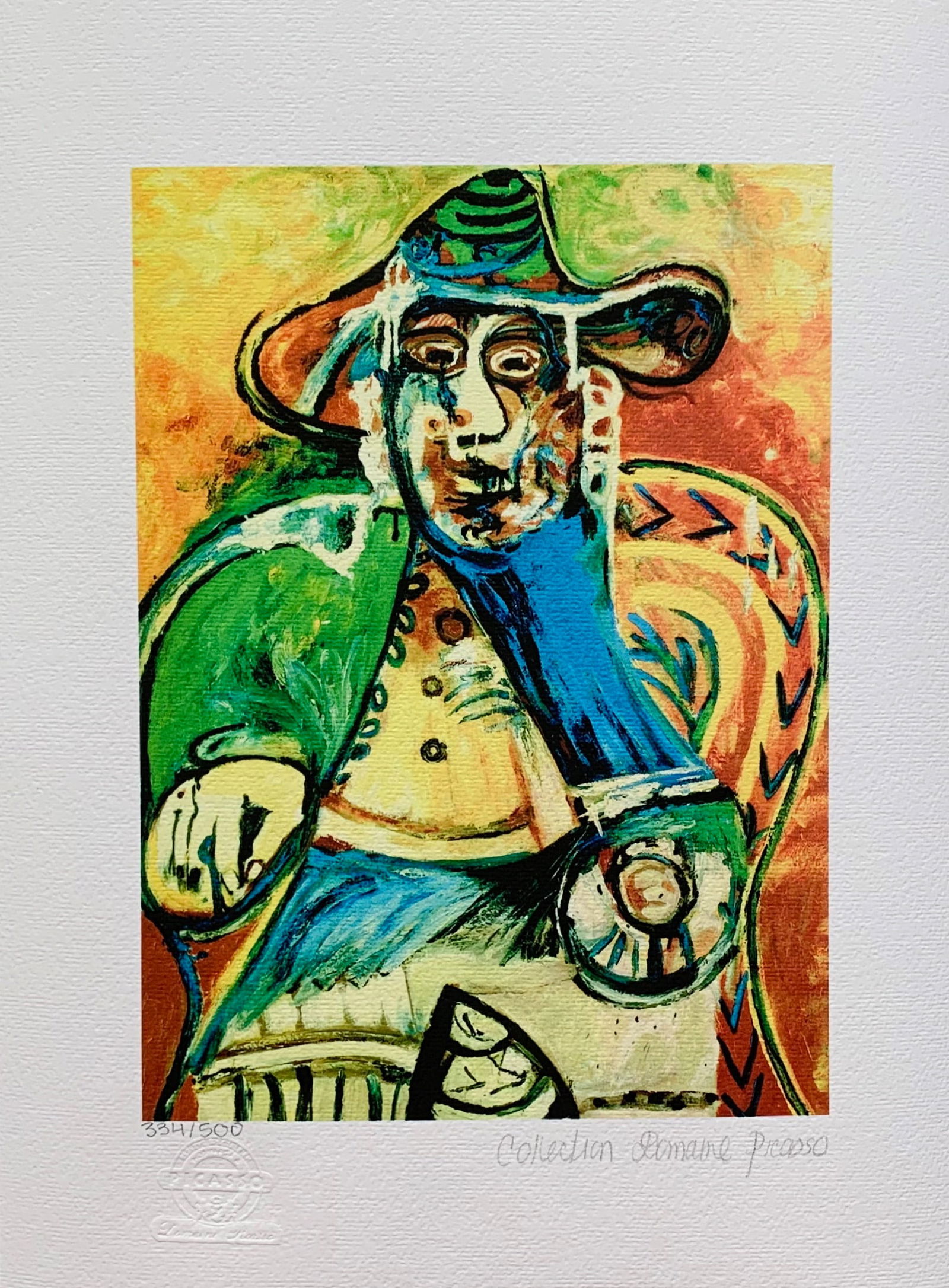 Pablo Picasso SEATED OLD MAN Estate Signed Limited Edition Giclee: This is a PABLO PICASSO (ESTATE COLLECTION DOMAINE) (1881-1973) small giclee titled Seated Old Man. This piece is pencil signed on the lower right as Collection Domaine Picasso and has an embossed sea