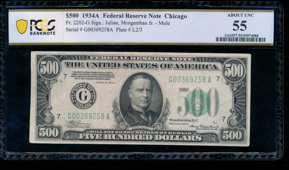1934A $500 Chicago FRN PCGS 55: One 1934A $500 Chicago FRN PCGS 55.