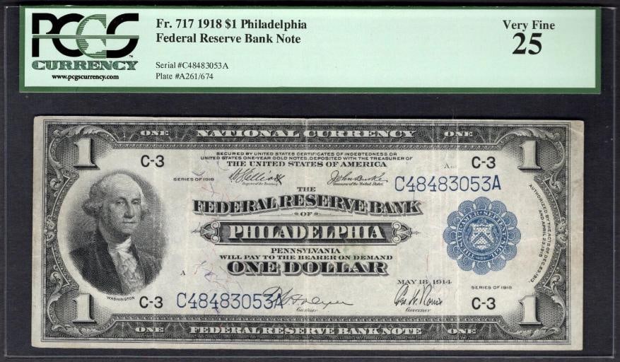 1918 $1 Philadelphia FRBN PCGS 25: One 1918 $1 Philadelphia FRBN PCGS 25.