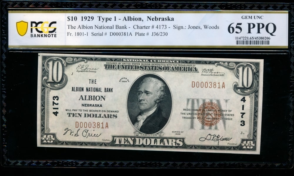 1929 $10 Albion NE National PCGS 65PPQ: One 1929 $10 Albion NE National PCGS 65PPQ.