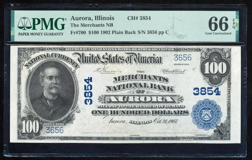 1902 $100 Aurora IL National PMG 66EPQ: One 1902 $100 Aurora IL National PMG 66EPQ.
