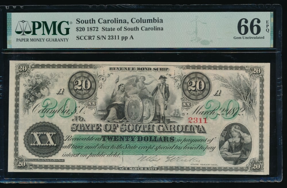 1872 $20 Columbia SC Obsolete PMG 66EPQ: One 1872 $20 Columbia SC Obsolete PMG 66EPQ.