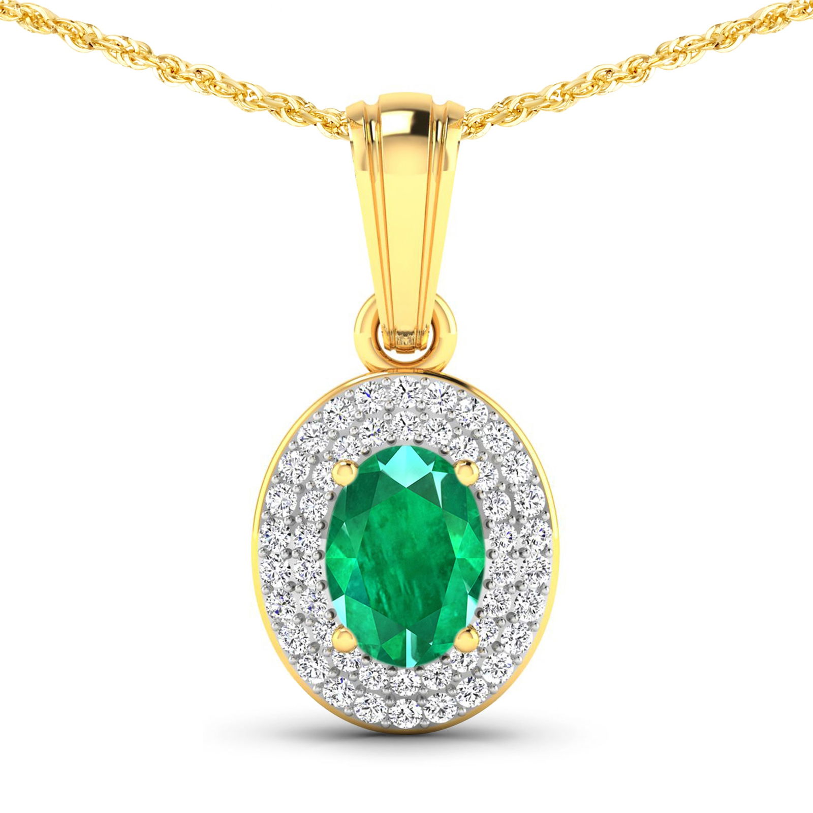 14KT Yellow Gold 0.56ctw Zambian Emerald and Diamond Pendant: Zambian Emerald (AA) Oval 7x5mm - 1Pc + White Diamond F/C Round 0.90mm - 48Pcs (I1-I2/I color) Total weight of gemstone is 0.56cts. Total Diamond weight is 0.16cts. Total weight of this pendant is 1.4