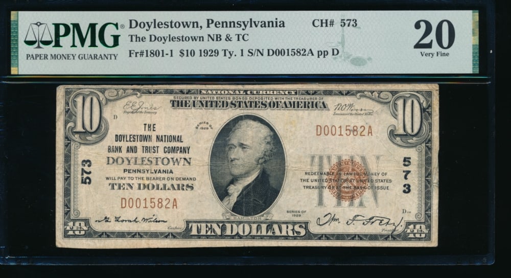 1929 $10 Doylestown PA National PMG 20: One 1929 $10 Doylestown PA National PMG 20.