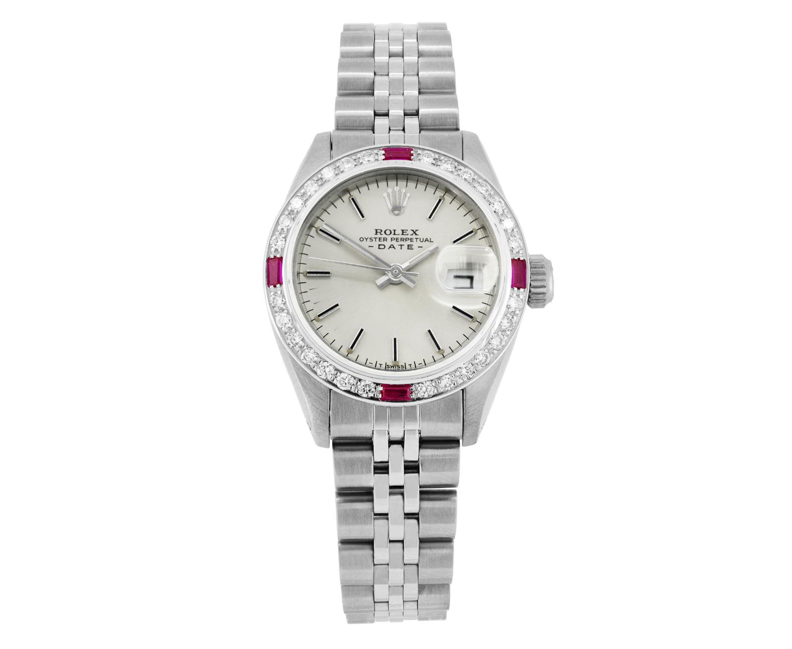 Rolex Ladies Stainless Steel Ruby And Diamond Bezel Date Watch (1 of 9)