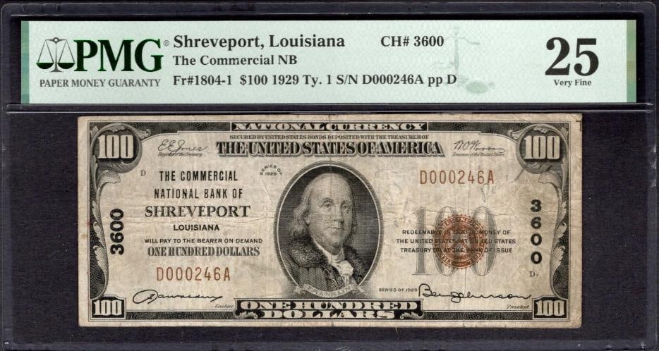 1929 $100 Shreveport LA National PMG 25: One 1929 $100 Shreveport LA National PMG 25.