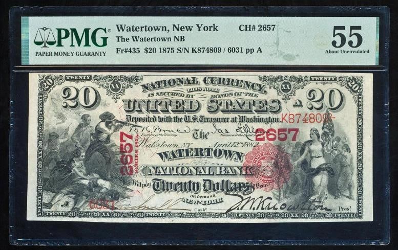 1875 $20 Watertown NY National PMG 55: One 1875 $20 Watertown NY National PMG 55.